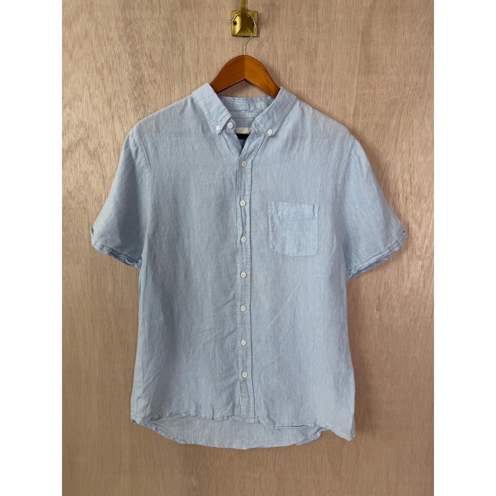 Onia Mens Light Blue Linen Blend Short Sleeve Button Down Shirt Medium